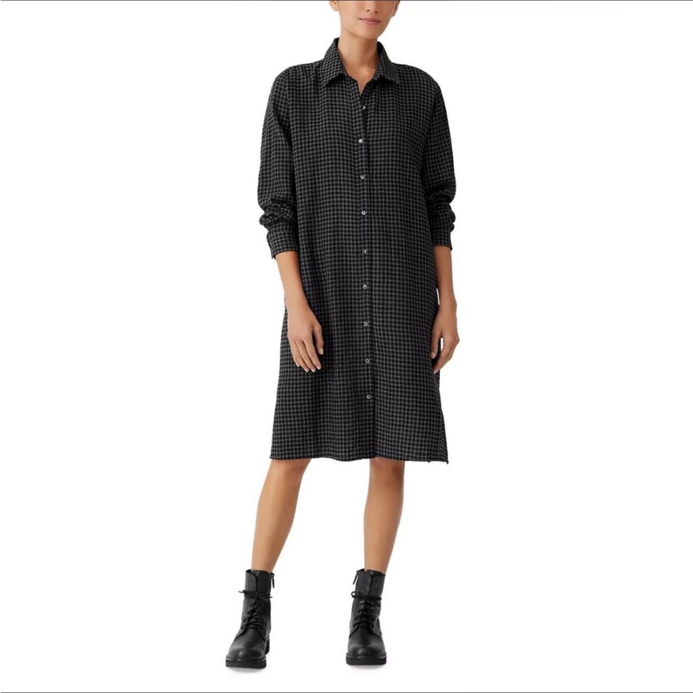 NWOT Eileen Fisher Wool Cotton Check Mandarin Collar Shirtdress Black Small